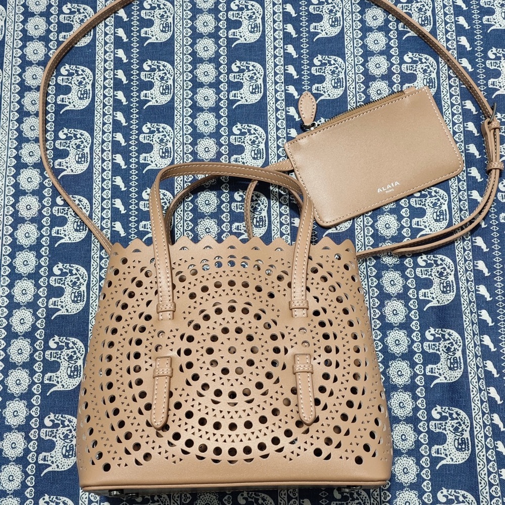 Alaia Tan Laser-Cut Leather Tote with Matching Zip Pouch